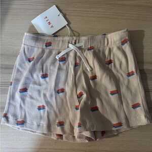 Tiny Kids Cream Waffle Knit Shorts with Orange & Blue Print